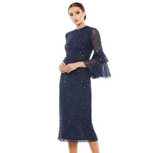 NWT Mac Duggal FULLY SEQUINED RUFFLE TIERED 3/4 SLEEVE MIDI DRESS Navy Size 16